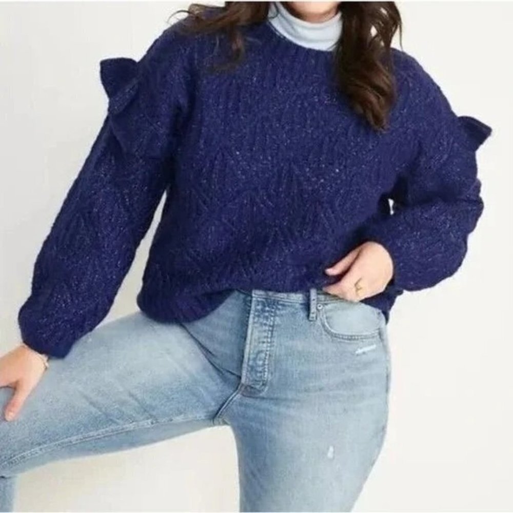 NWOT Old Navy Blue Pointelle Knit Ruffle Sleeve Sweater‎ Plus Size XXL